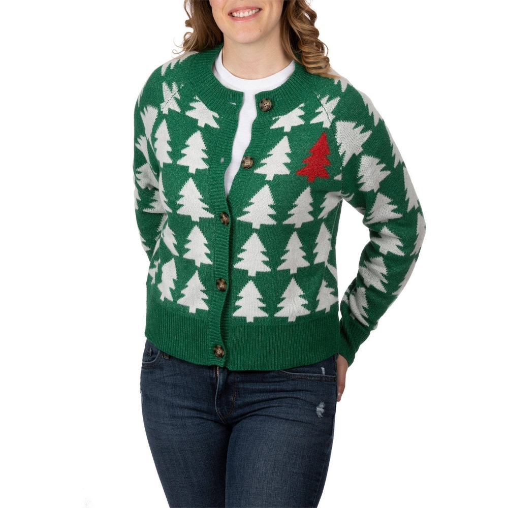 December 25th Ugly Christmas Sweater Button-Up Cardigan Tree Pattern Womens XL